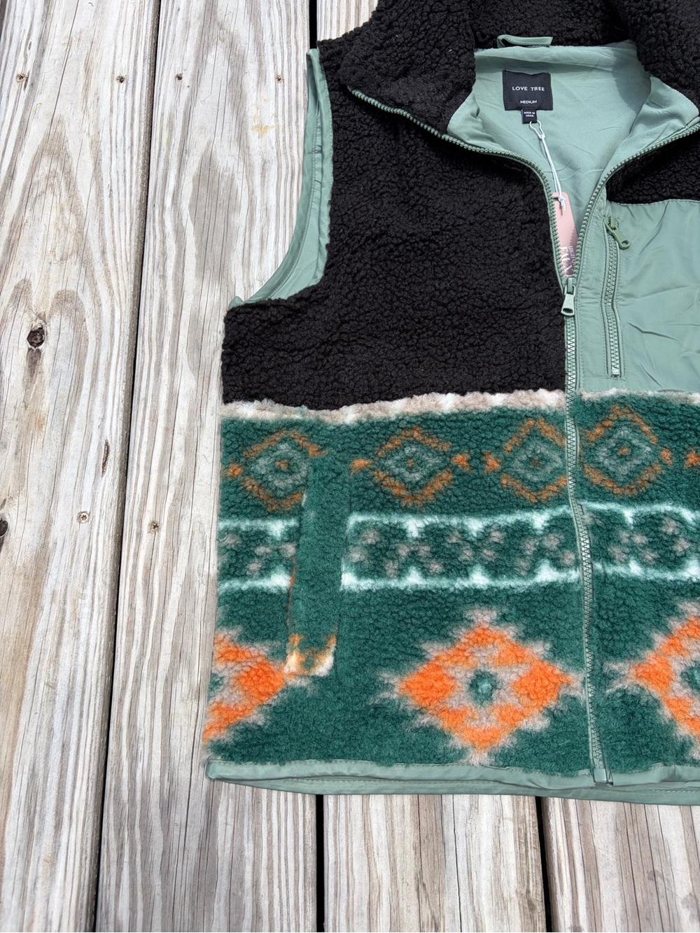 Love Tree Women's Soft Sherpa Bohemian Southwest Vest Medium Green Black Aztec - Picture 5 of 10
